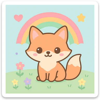 Add a pastel outdoor background, like a soft meadow with flowers, to the cute fox with a rainbow in kawaii style. sticker