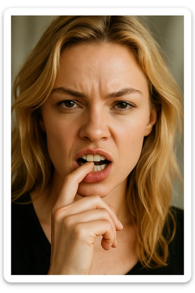 close-up portrait of a blonde woman biting her finger boldly, expressive, confident sticker
