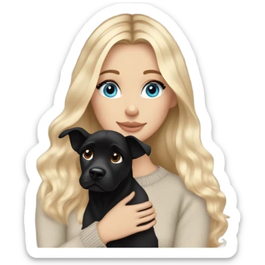 White girl blue eyes Blonde balayage long hair beige sweater cuddling black dog sticker