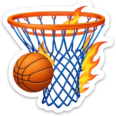 Blue basketball with flames effect passing through net, dramatic sports moment, iOS emoji style sticker