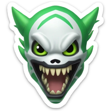 Digimon-Fakémon, horns, black body, green mane, anthro, furry, shark, skull face, skull mask, green stripes, tufted tail,  sticker