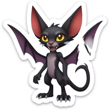 Black cool beautiful vampiric Noivern-Litten-Lykoi-Caracal-Fakemon with big bat ears full-body sticker