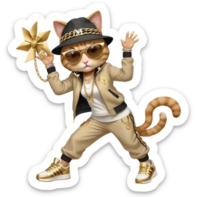 female cat in Run DMC hip-hop outfit with tracksuit, fedora, Adidas sneakers, dark sunglasses, many gold chains and bling accessories, doing a windmill break dance move sticker