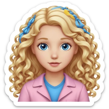 A white girl with long blonde curly hair and  eyes wearing light pink sticker