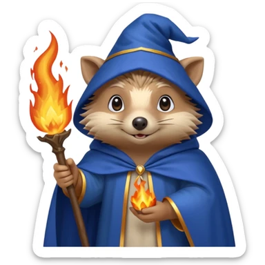 wizard hedgehog summons fire in one hand blue cape sticker