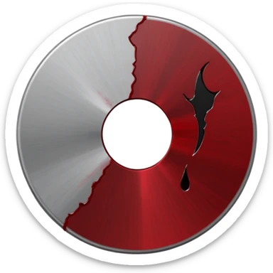 Minimalist emoji-style sticker of a single CD with a sharp crack and a dried blood spot. View from above, black, gray, and muted red.
 sticker