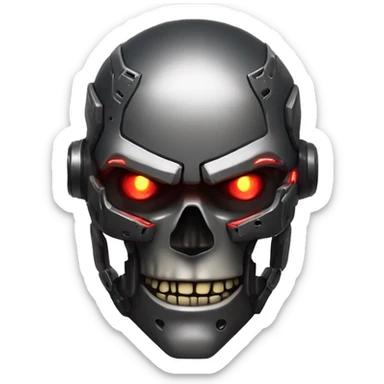 Small, intimidating emoji of a cybernetic skull with dark metallic armor, glowing red eyes, and a menacing expression, inspired by the iconic style of Adam Smasher from Cyberpunk 2077 sticker
