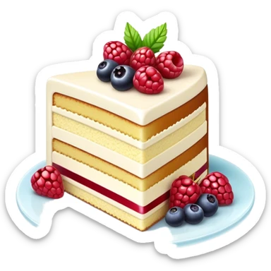 Cinematic luxurious slice of cake, delicate layers of moist sponge and rich frosting, beautifully decorated with fresh berries and a glossy glaze, soft glowing light, elegant and indulgent. sticker