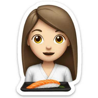 White girl with brown long hair eating sushi sticker