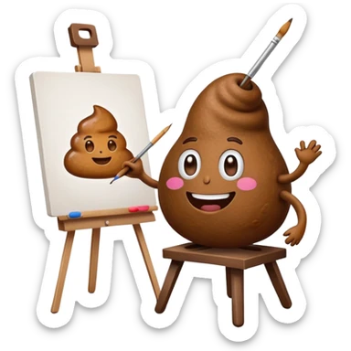 artist painting a poop emoji on an easel sticker