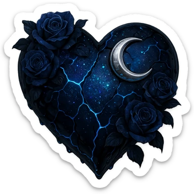 gothic heart with cracked deep blue glass, featuring a silver crescent moon, dark blue roses, shimmering holographic stardust, neon lightning accents, glossy wet appearance sticker