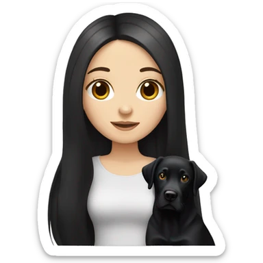 white girl with long straight black hair holds her black Labrador sticker