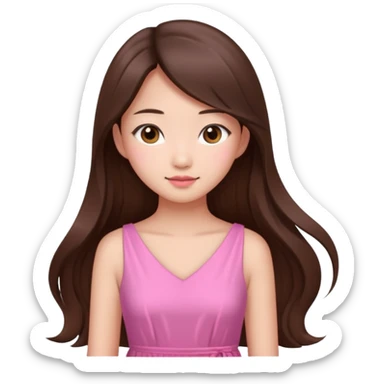 girl aesthetic emoji, asian beautiful long brown hair pink dress sticker