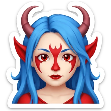 Female devil with long blue hair and horns,  cute face, half body sticker