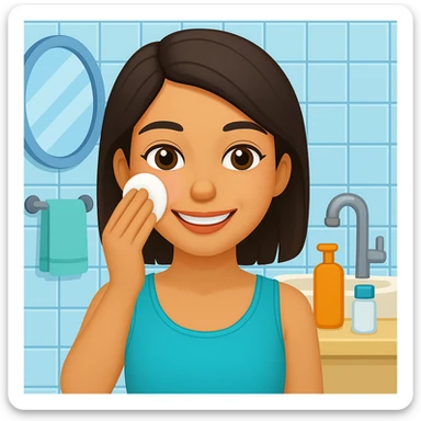 Add a bathroom background behind the Latin girl smiling while removing makeup. The style should resemble emoji style with simple, colorful, and concise features. sticker