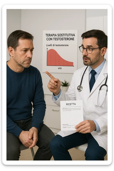 a man in his 40s sits in a doctor’s office, listening attentively as a physician explains TRT (Testosterone Replacement Therapy). The doctor holds a prescription pad and points to an educational chart showing testosterone levels. The mood is professional and informative, with a clean, clinical background. scritte in italiano sticker