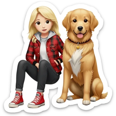 Golden retriever with blonde  girl wearing plaid red jacket and black jeans and converse shoes  sticker