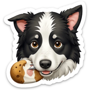 A black and white border collie is chewing on a cow's hoof. sticker