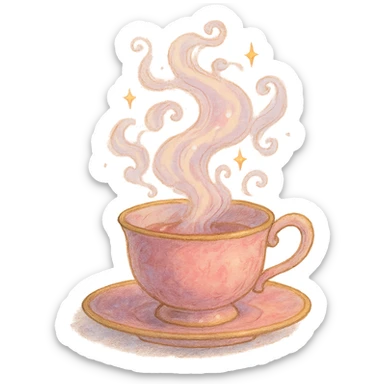 enchanted pink teacup with swirling steam, soft painterly textures, magical and whimsical sticker