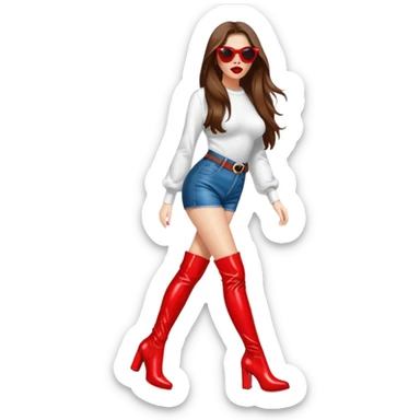 Woman with brown hair walking in thigh high red boots, wearing sunglasses and bright red lipstick  sticker
