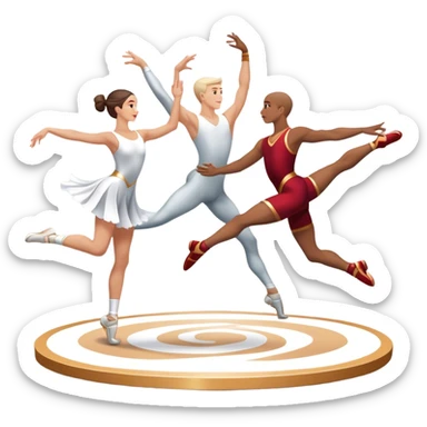 Icon for Sports Dance: a white men and women in competitive attire performing a synchronized dance with acrobatic moves, dance shoes, a rhythmic floor, and a competition backdrop. The icon should capture athleticism, technique, and acrobatic precision. Transparent background. sticker