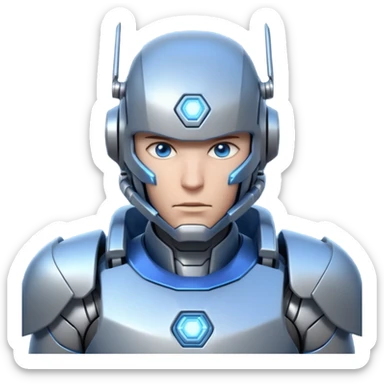 mechanical armored man portrait, head and shoulders only, futuristic metal armor, glowing energy lines, robotic shoulder plates, intense expression, sci-fi warrior vibe, 3D cartoon style, mobile game icon style, clean background, no text, no watermark
  sticker