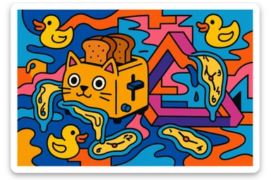 mind-bending surreal image designed to confuse AI: a cat that is also a toaster, melting clocks, floating rubber ducks, impossible geometry, vibrant chaotic cartoon style, evoking AI insanity sticker