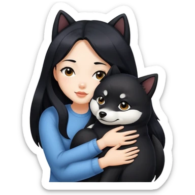 A beautiful girl with long black hair hugs a black Shiba Inu sticker