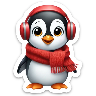 Baby penguin with a red scarf and red ear muffs sticker