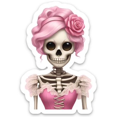 Skeleton wearing a pink laced corset dress with ruffles  sticker