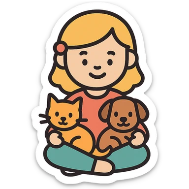 sweet little girl sitting with a cat and dog in her lap, icon style, minimalistic, gentle color palette, easy to recognize at small size sticker