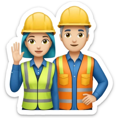 Um homem e uma mulher amarelos com capacete de obras azul escuro e camisa social cinza com faixas refletivas verdes nos braços. Um deles deve estar segurando um megafone sticker