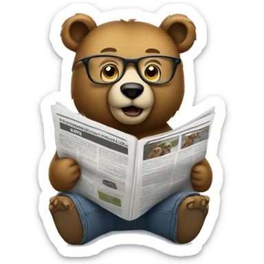 bear sitting on truck wearing glasses reading newspaper sticker