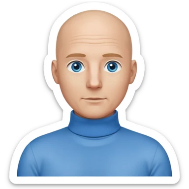 bald man, face and neck, blue eyes, kind face, polo neck shirt in a business setting and IT background sticker