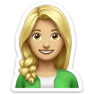 Mujer pintora rubia con ojos verdes y ropa juvenil sonriendo sticker