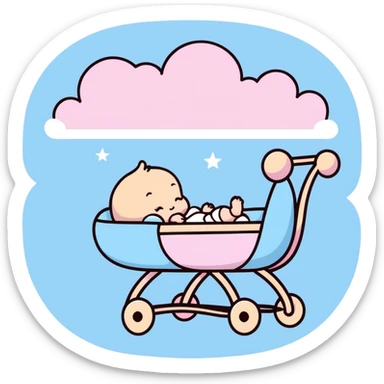 sleeping baby in pink and beige stroller with fluffy pastel blue clouds and shining stars decorating the entire scene sticker