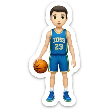 Full Body  white male basketball player with short dark hair and gold tee wearing blue and green uniform sticker