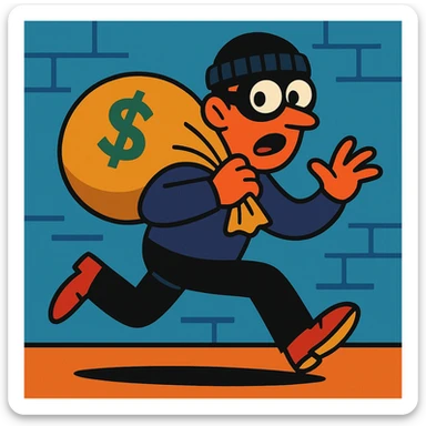 a thief running with a sack of cash, looking back nervously sticker