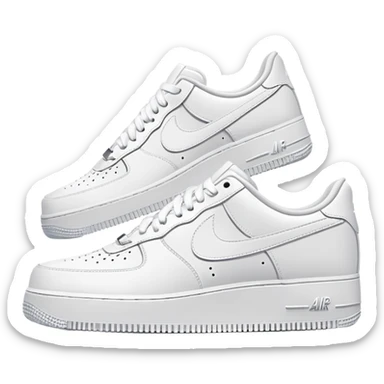 A pair of all-white Nike Air Force 1 sneakers positioned with one behind the other, clean white leather, classic AF1 silhouette, chunky sole sticker