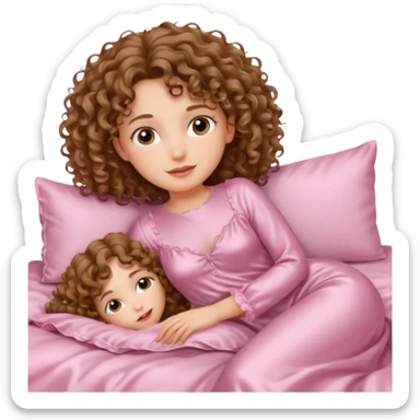 یه دختر مو فرفری با موهای موج دار که یه لباس خواب کرومی تنشه و خوبیده تو تختش sticker