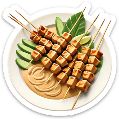 Cinematic Realistic Indonesian Chicken Satay Dish Emoji, depicted as succulent, marinated chicken skewers grilled to perfection with a subtle char, drizzled generously with a rich, creamy peanut sauce that glistens under warm, natural lighting. The vibrant textures of the tender meat and smooth, spicy sauce evoke the authentic flavors of Indonesian street food, rendered with lifelike detail and dynamic, appetizing lighting. sticker