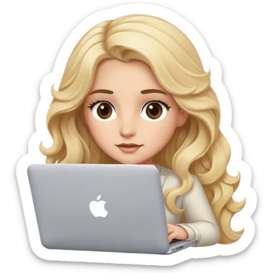 Blonde model with brown eyes, long wavy hair, typing on MacBook  sticker
