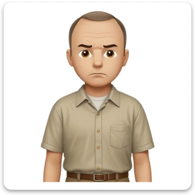 Carl from Sling Blade, serious expression, recognizable features, chin sticking out, slouching posture, no glasses, shirt with collar,  side view,show his entire body, he is standing. we see him from the side. Not frontal view. Side view. He sticks his head forward sticker