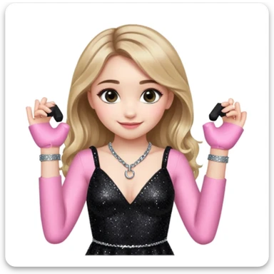 Sabrina carpenter at concert wearing a black sparkly dress with a silver sparkle v neck she is holding up pink handcuffs towards audience and kneeling, blue and red lights setting  sticker