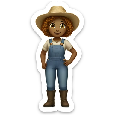 full body farmer girl standing, LIGHT skin, brown curly hair, holding carrots. light skin sticker