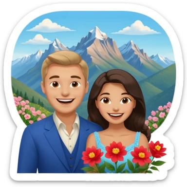 Couple  laughing traveling russian man and elegant  Latina girl delicate flowers and mountains in the background  sticker