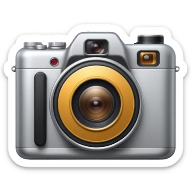 Minimal emoji icon of a modern metalic camera, front view, simple shapes, realistic lens,  sticker