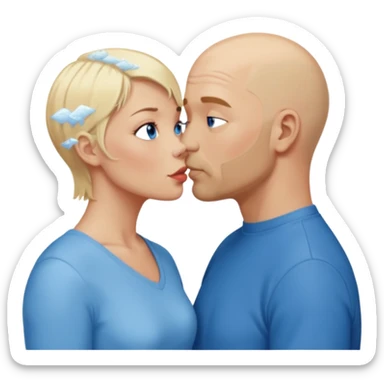 middle aged bald man with salt and blonde scruff, blue eyes and short haired blonde woman with blue eyes kissing each other sticker