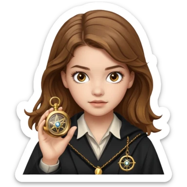 Barbara Palvin as Hermione Granger with brown eyes and holding a time turner sticker