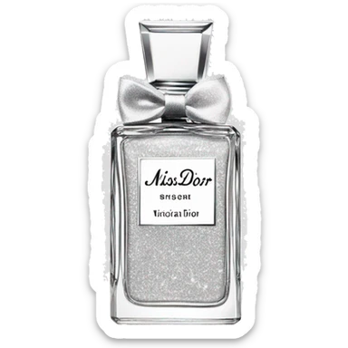 Miss Dior perfume with Victoria secret logo in a white bottle but light grey glitter  sticker